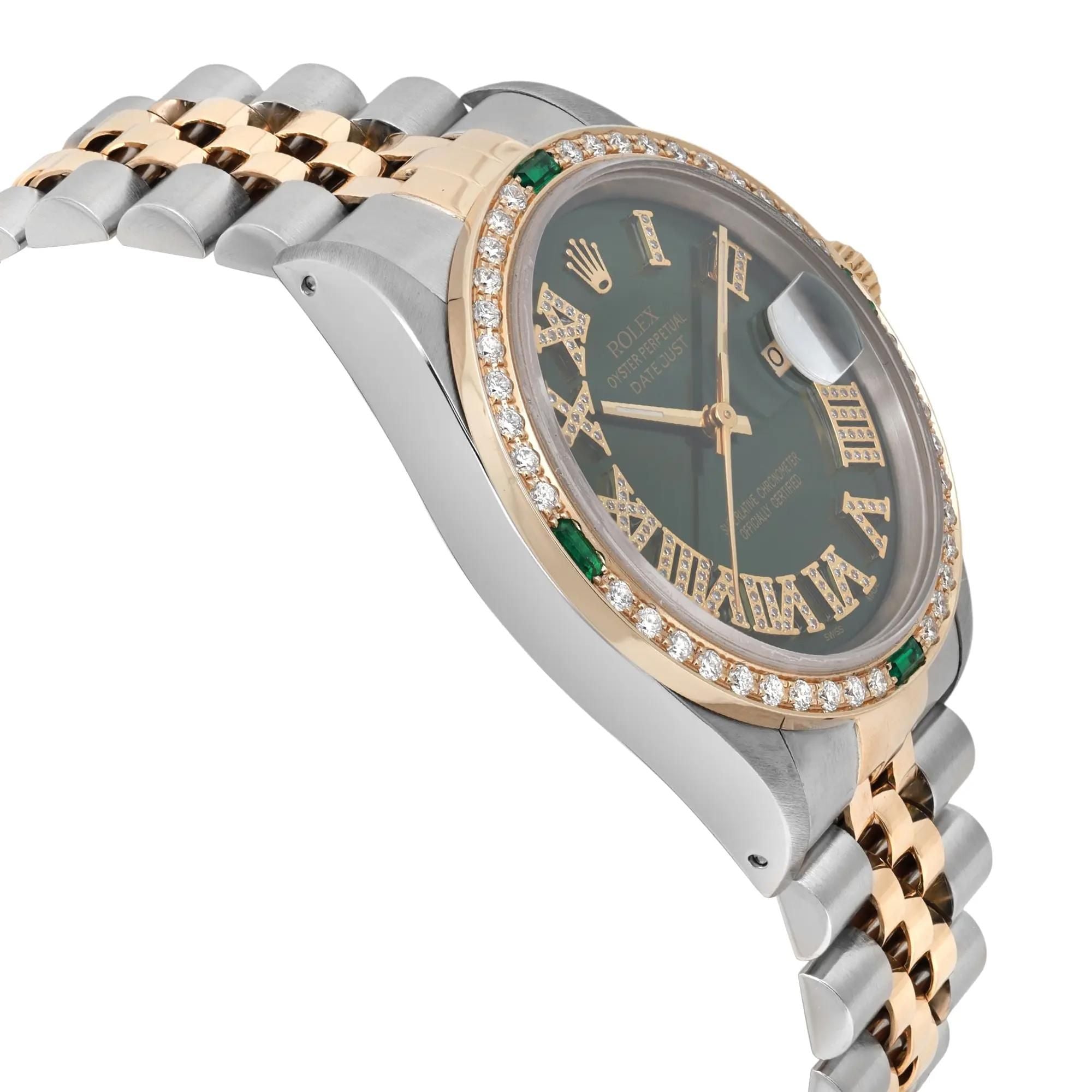 Rolex Datejust 36mm Yellow Gold Steel Custom Gren Diamond Dial Bezel Watch 16233