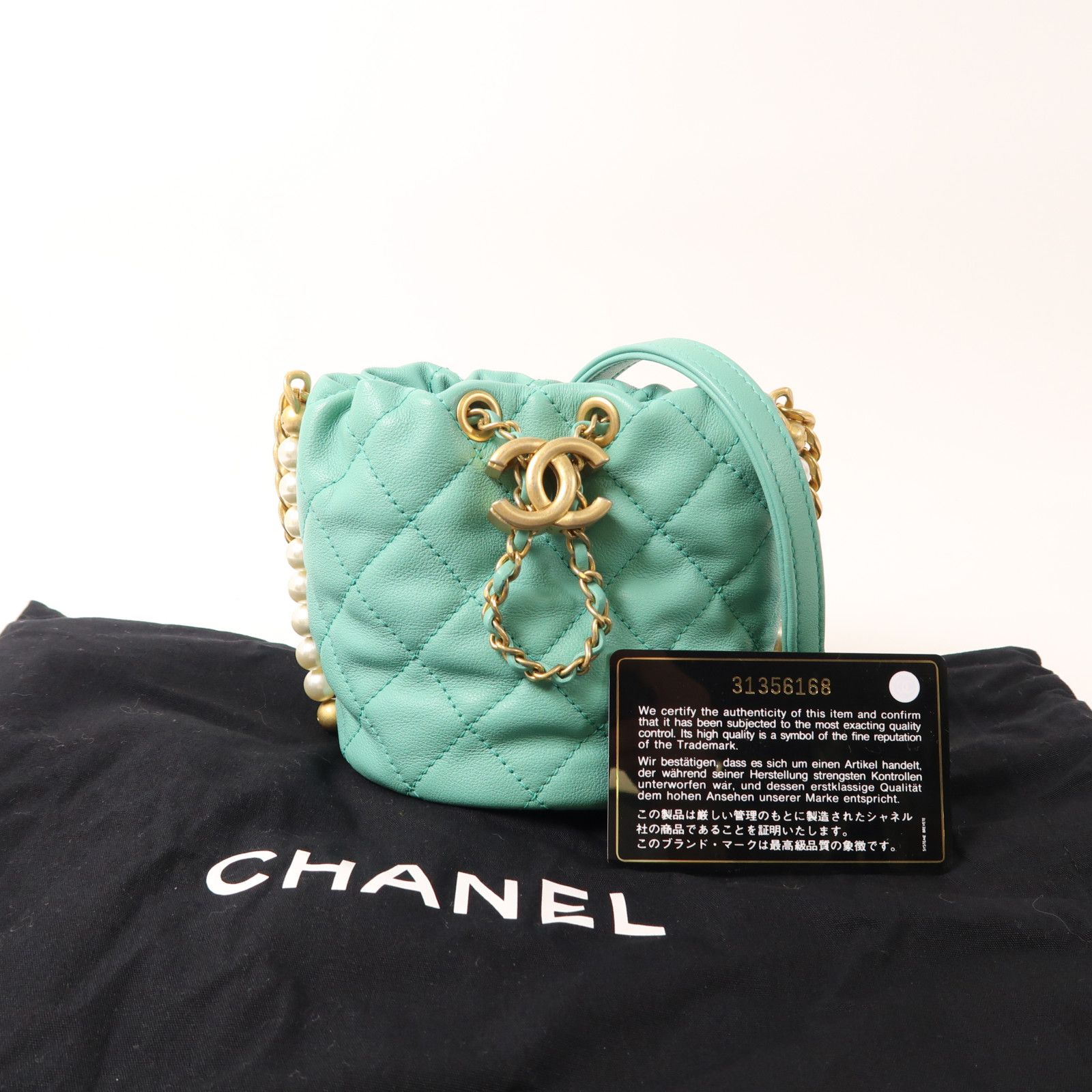 Chanel Green Sheepskin Leather Pearl Bucket Golden Shoulder Bucket Shoulder Bag Lambskin (sheep Leather)
