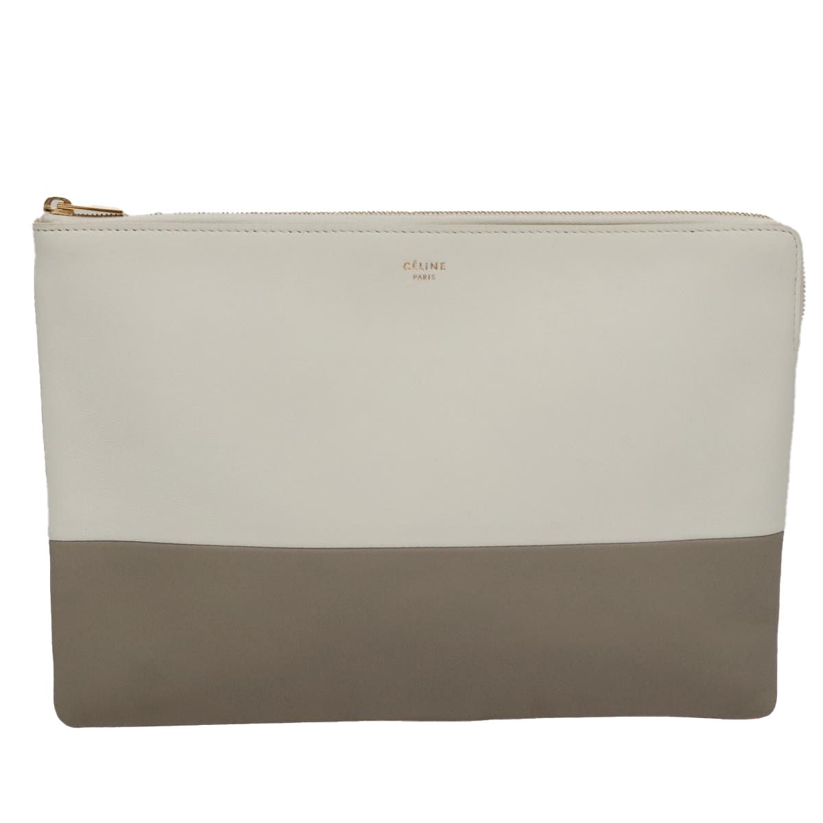 Celine Clutch Bag Leather Gray White Auth