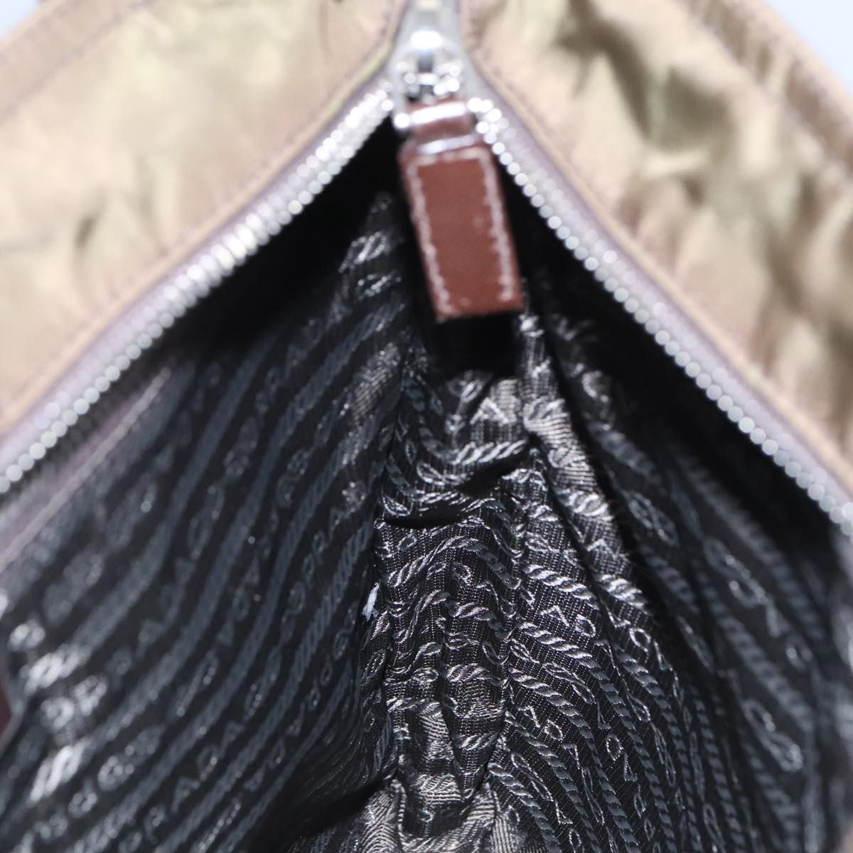 Prada Shoulder Bag Nylon Khaki Brown Silver Auth