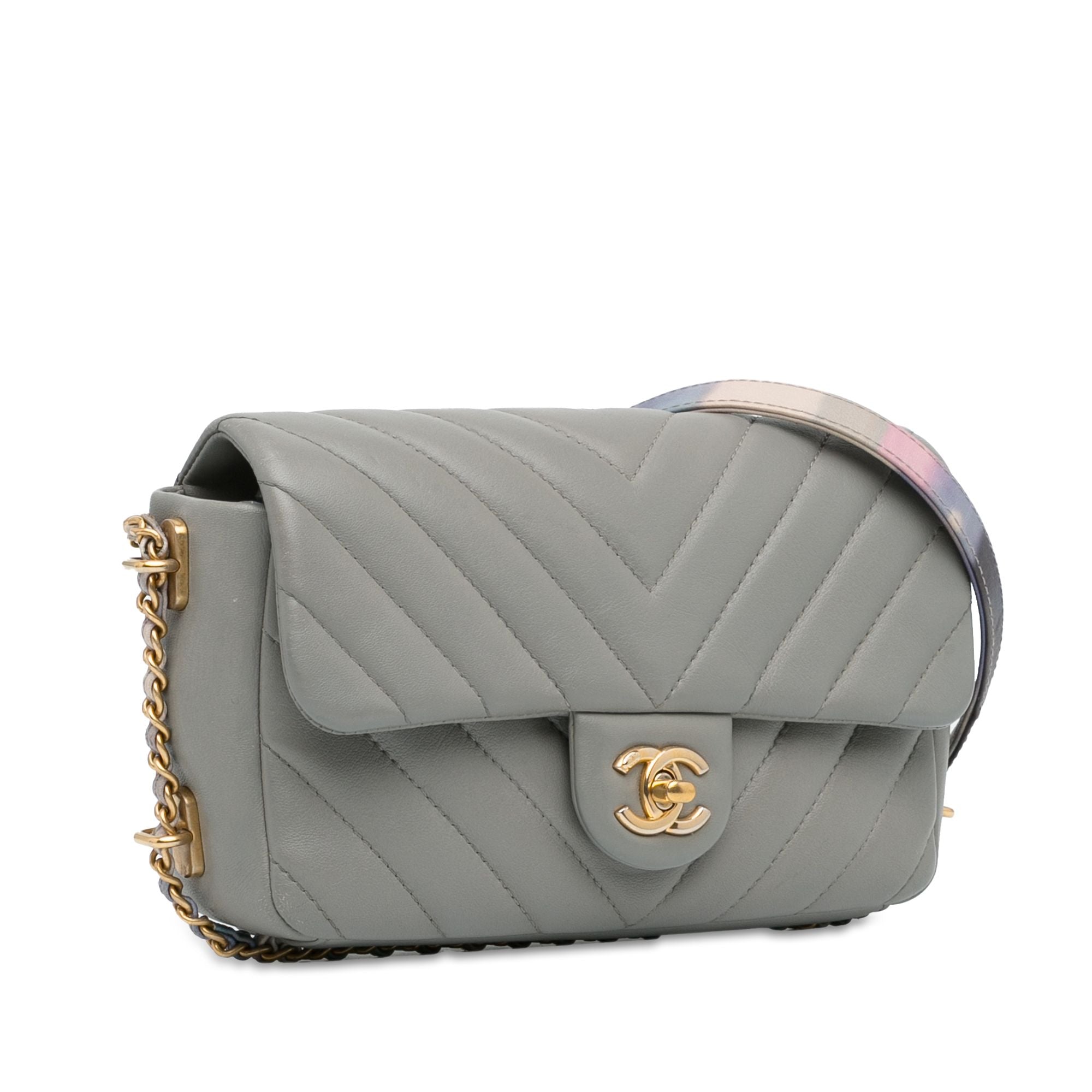Chanel Mini Rectangular Chevron Lambskin Chain Around Flap Gray
