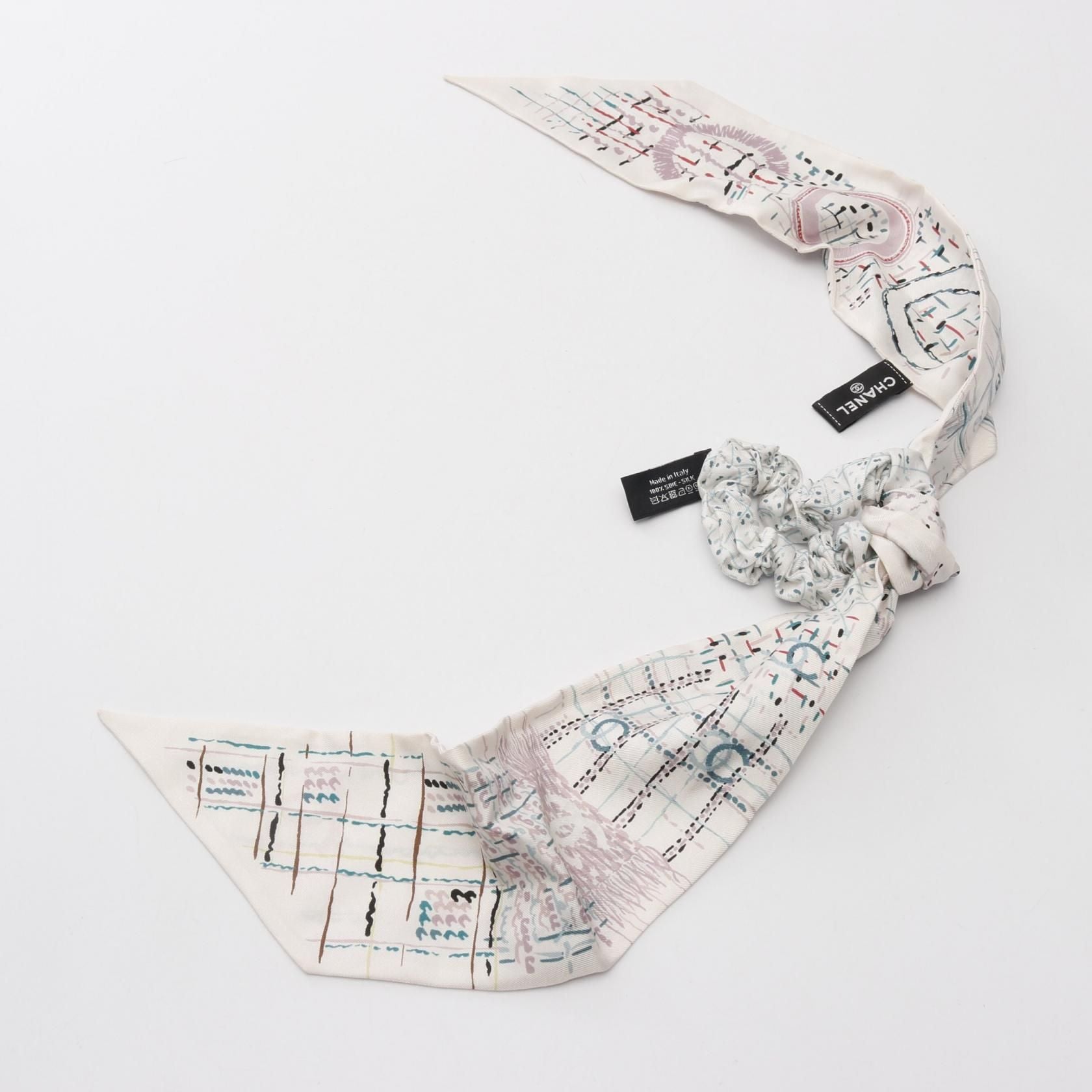 Chanel White Multicolor Coco Mark Scrunchie Scarf Silk