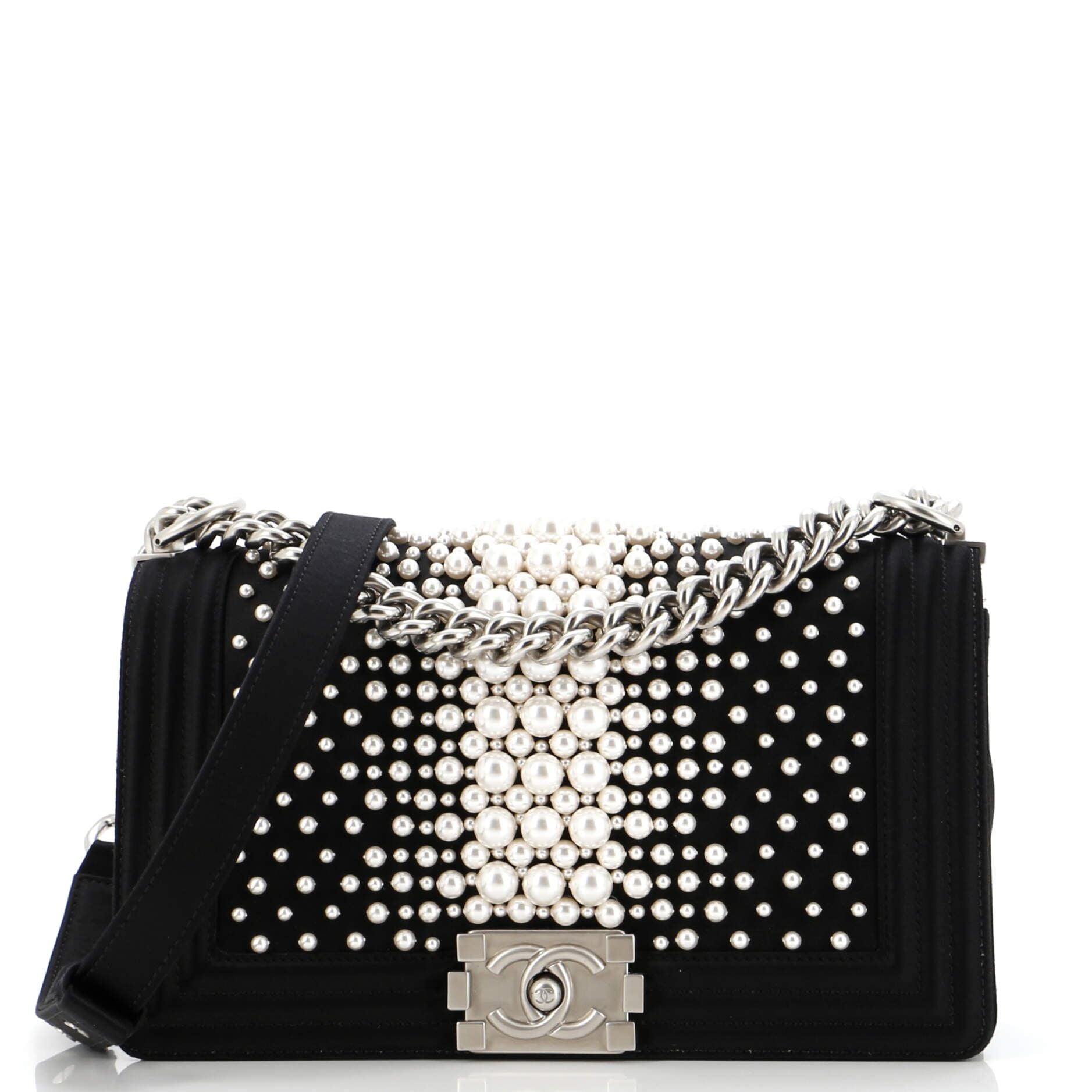 Boy Flap Bag Pearl Embellished Satin Old Medium
