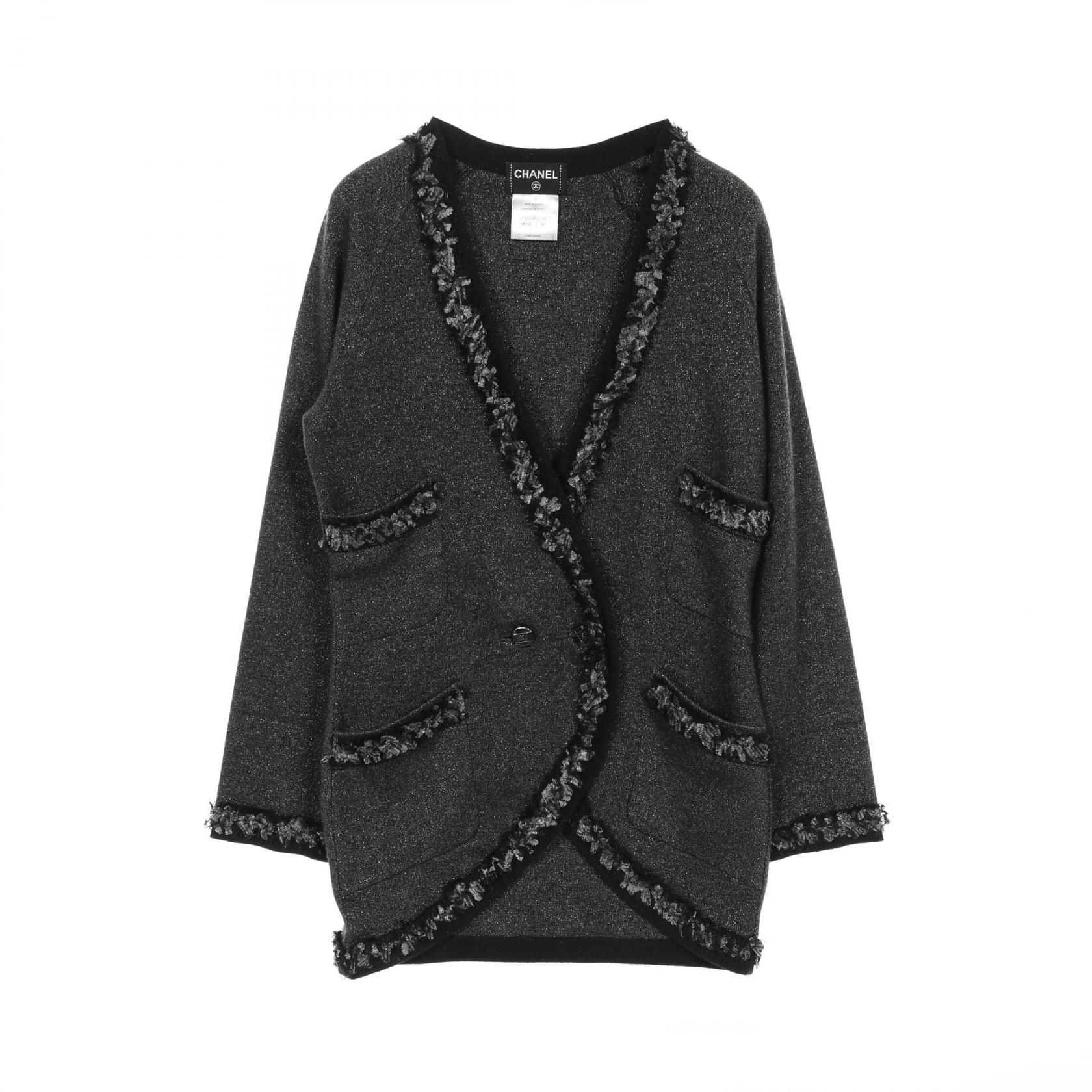 Chanel Coco Mark Button Cardigan P 39255k 02769 Cashmere Gray Black