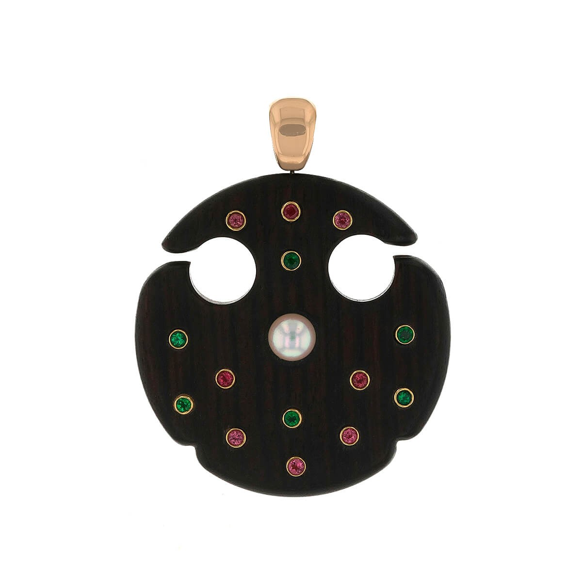 Wood, fine stones and gold pendant
