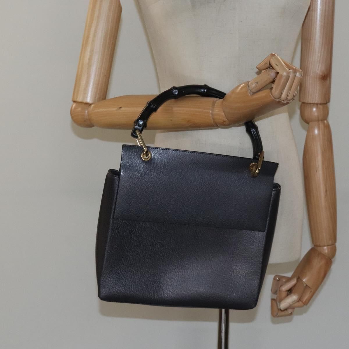 Gucci Bamboo Hand Bag Leather Black Gold 001 3444 1887 Auth
