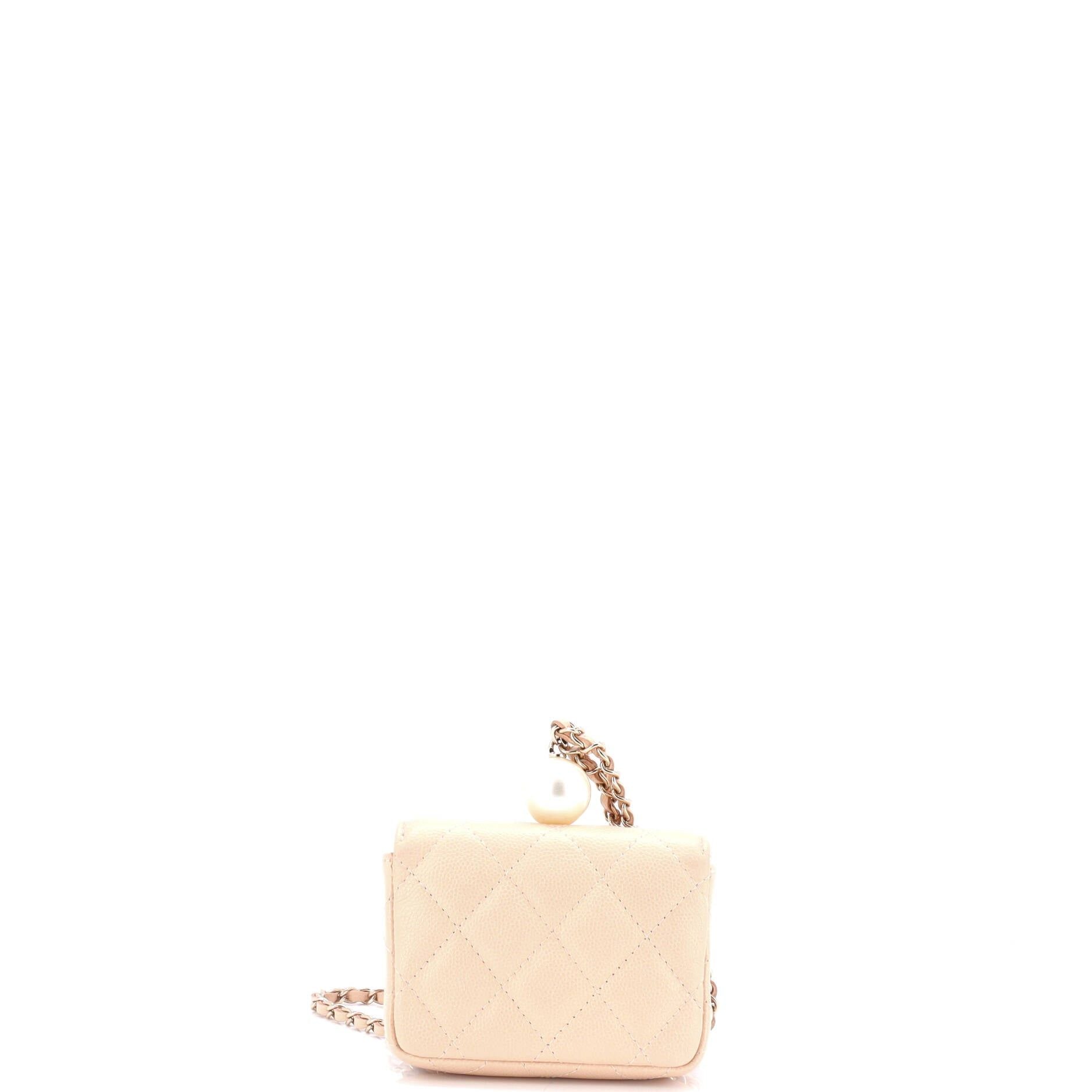 Chanel CC Pearl Coin Card Holder With Chain Quilted Iridescent Caviar