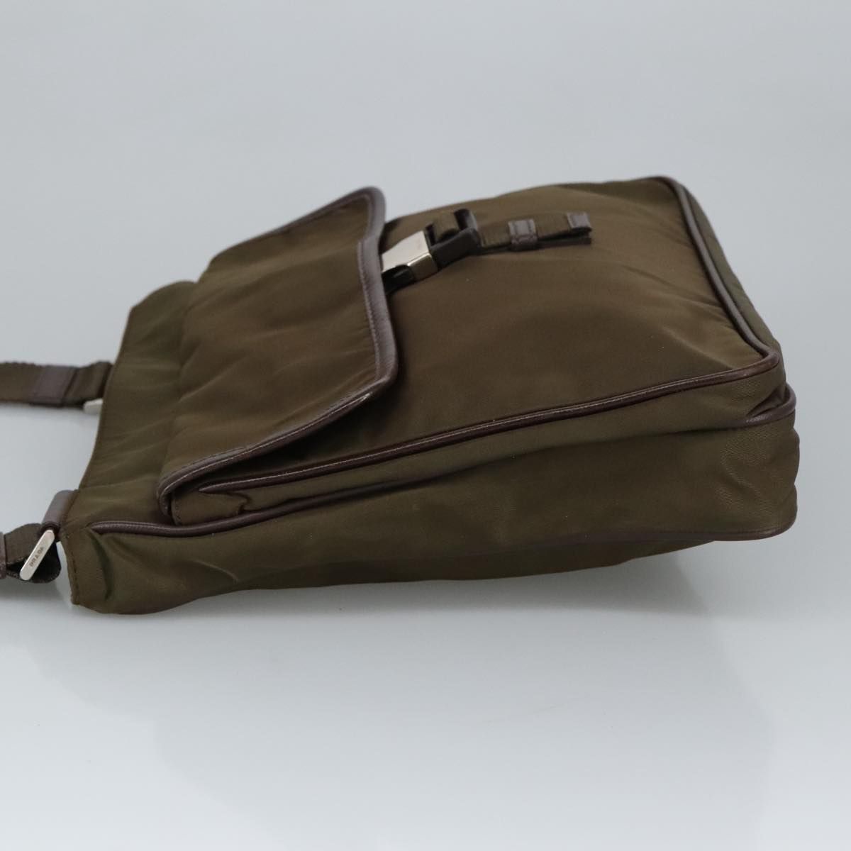 Prada Shoulder Bag Nylon Khaki Brown Silver Auth