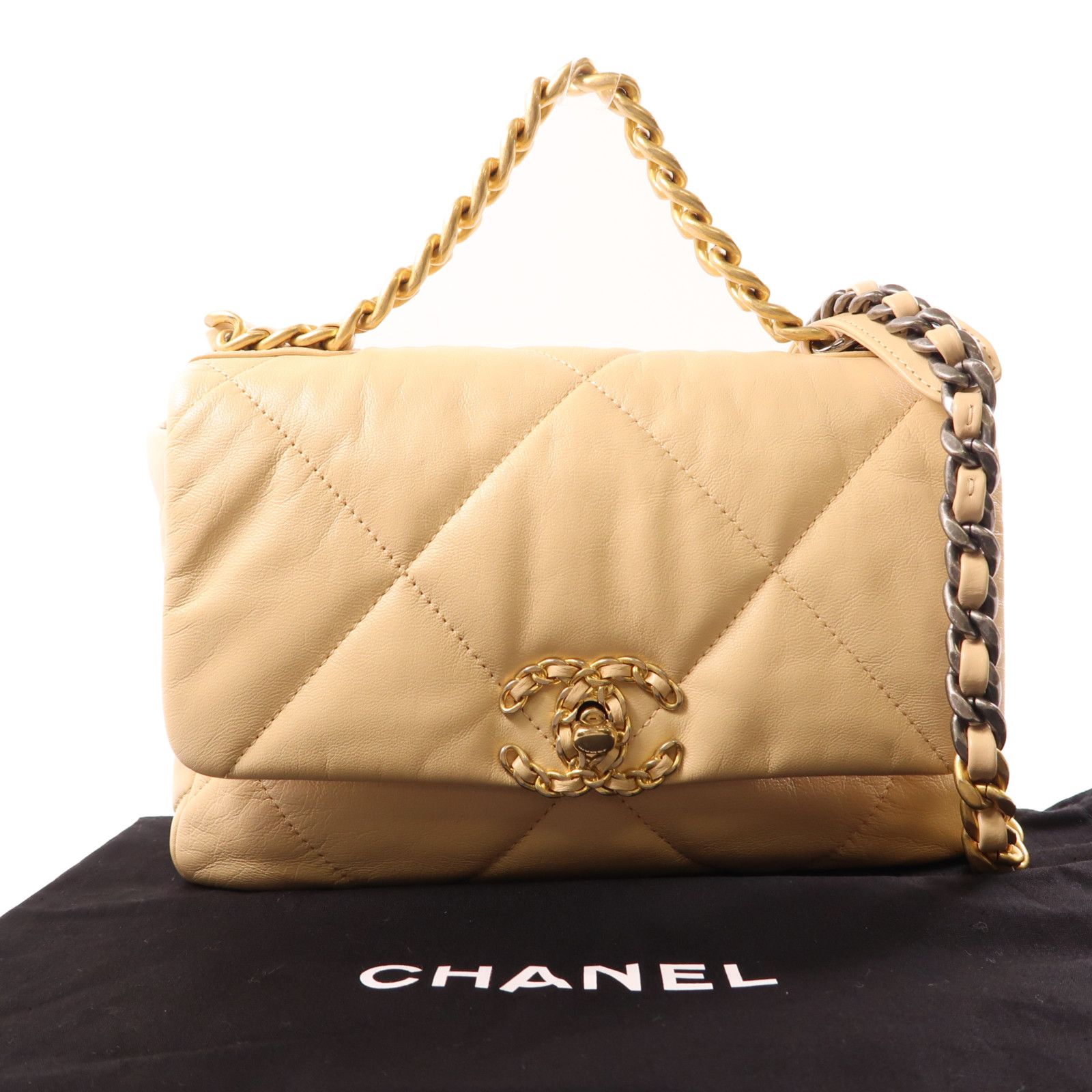 Chanel Beige Sheepskin Leather 19 Hand-turned Shoulder And Back Bag 2way Shoulder Bag Lambskin (sheep Leath