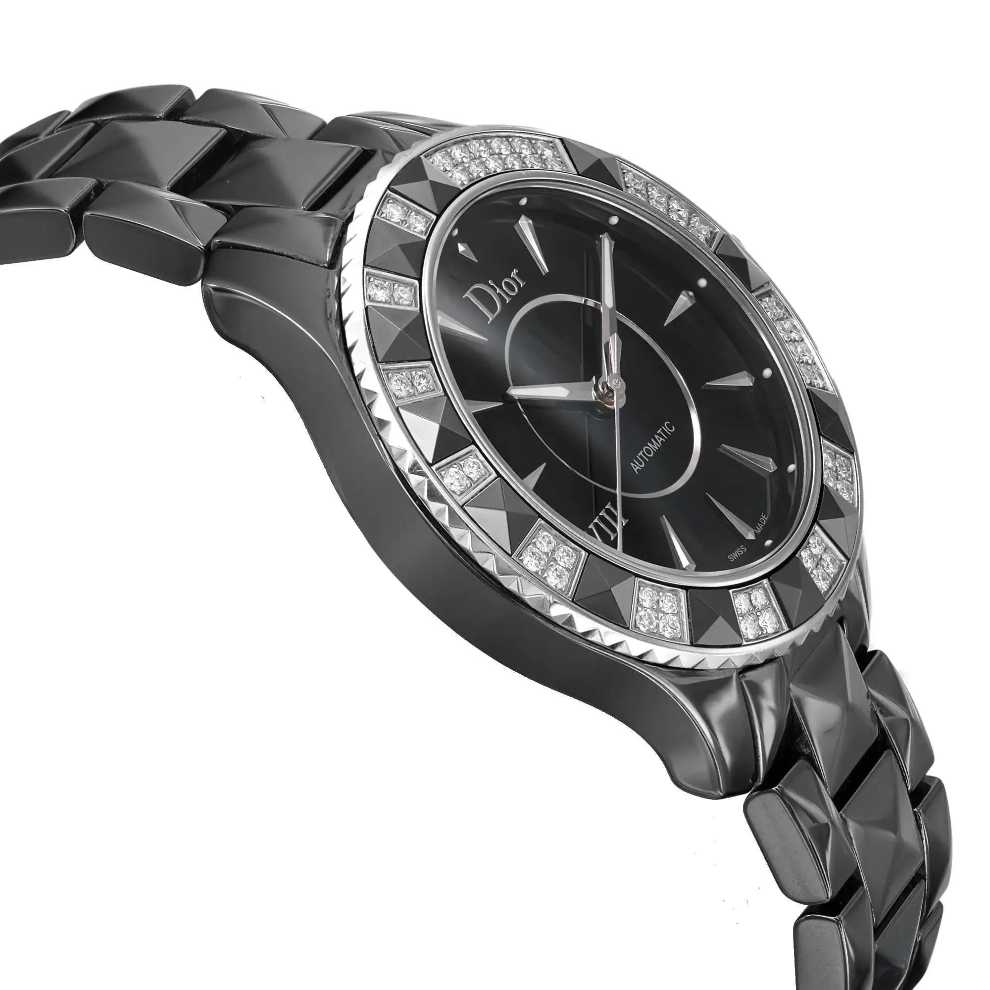 Christian Dior VIII Steel Ceramic Diamonds Black Dial Ladies Watch CD1245E1C001