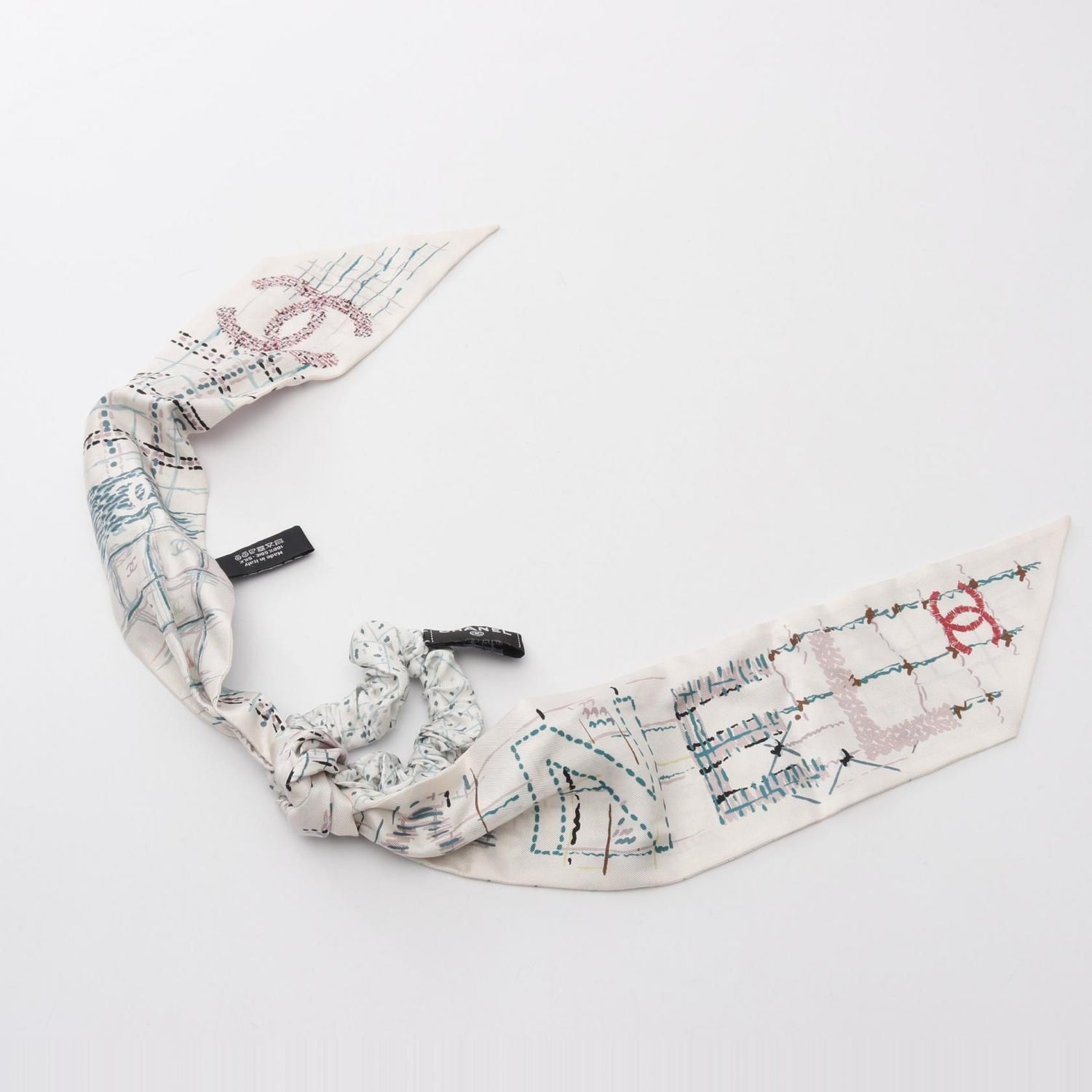Chanel White Multicolor Coco Mark Scrunchie Scarf Silk