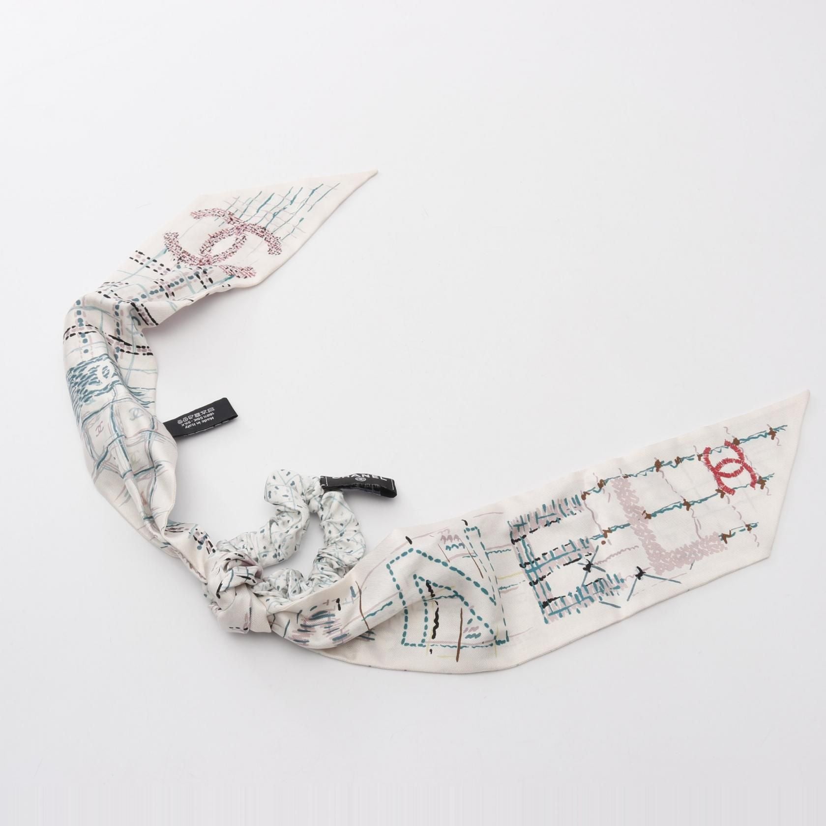 Chanel White Multicolor Coco Mark Scrunchie Scarf Silk