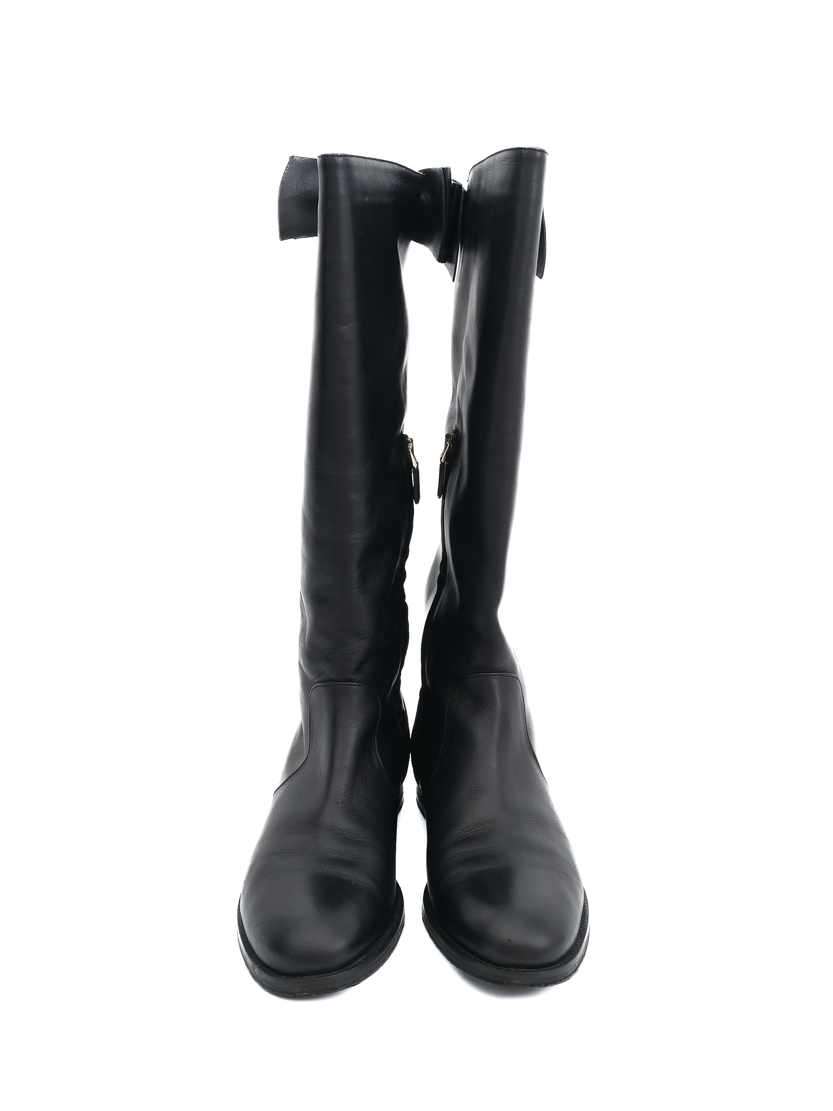 Excellent Red Valentino Black Leather Tall Boots Size 40 with Bow