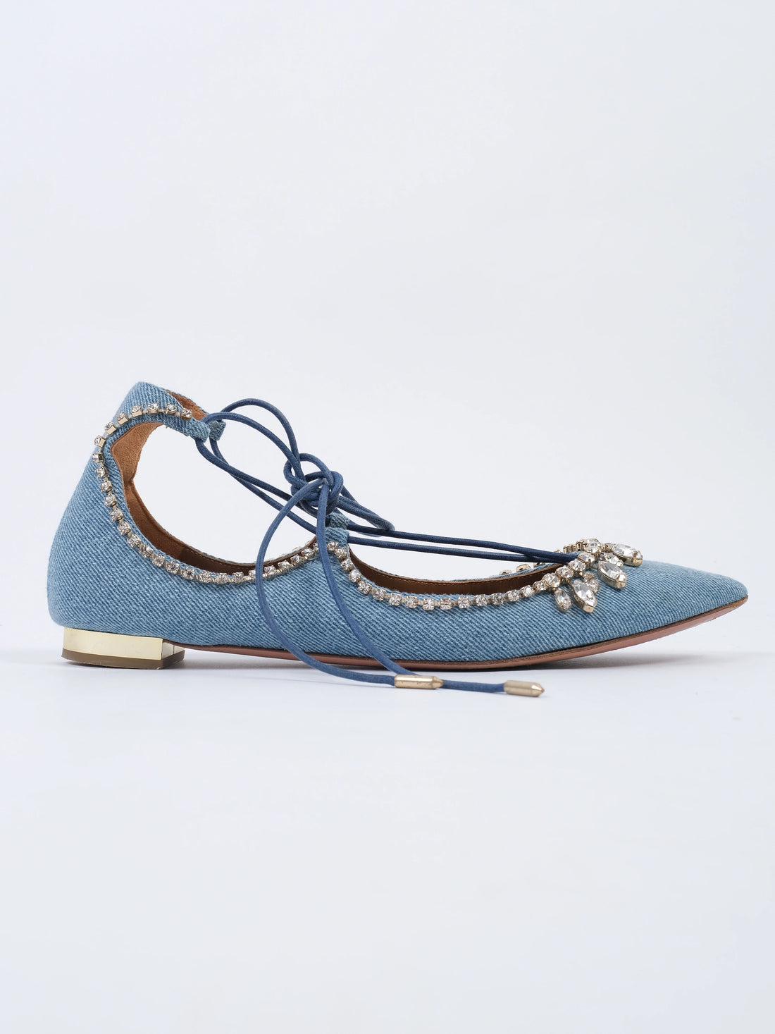 Excellent Aquazzura Blue Lace-Up Denim Ballet Flats with Rhinestones