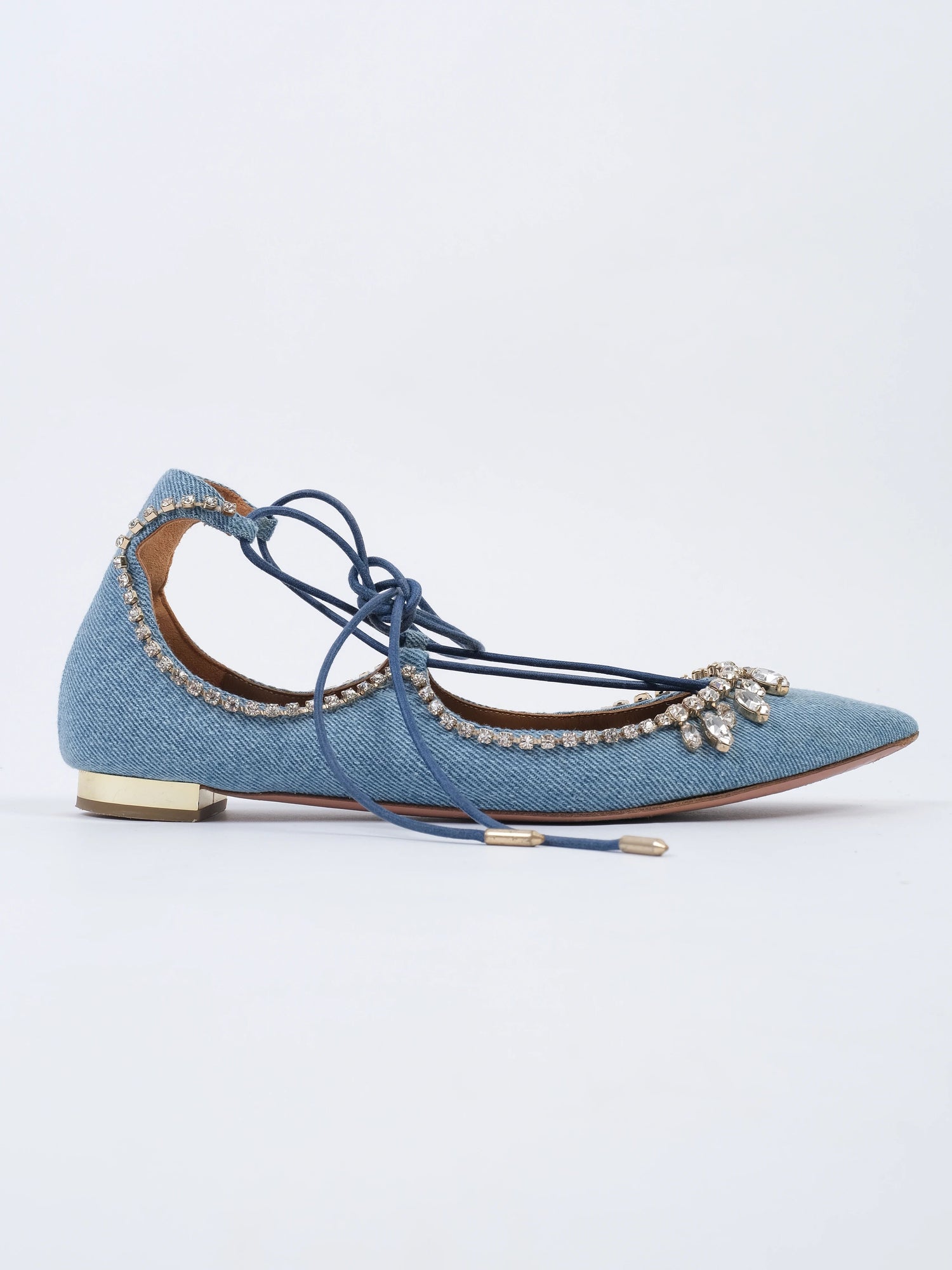 Excellent Aquazzura Blue Lace-Up Denim Ballet Flats with Rhinestones