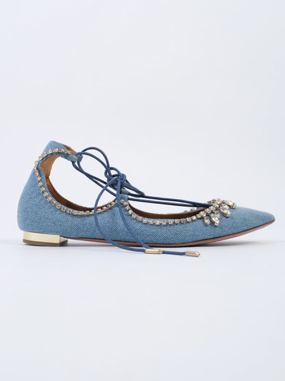 Excellent Aquazzura Blue Lace-Up Denim Ballet Flats with Rhinestones