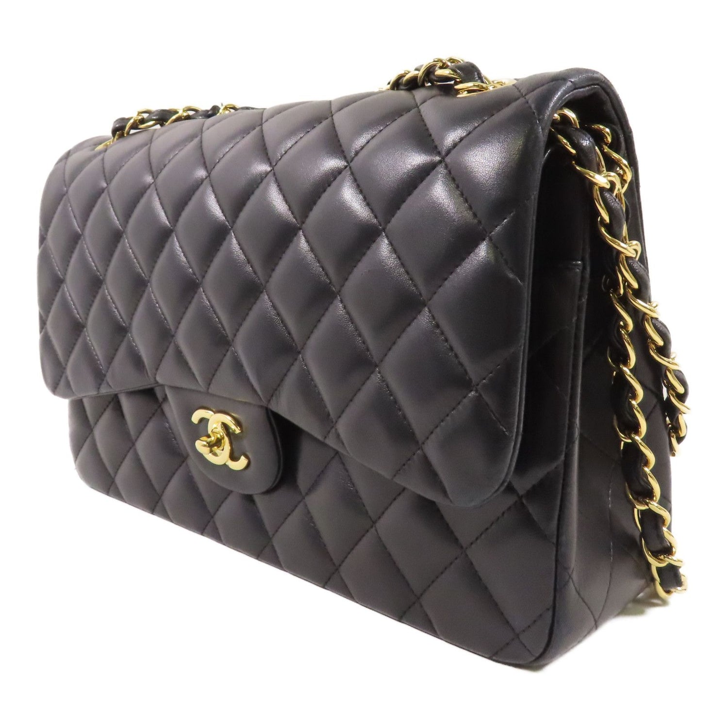 Chanel Black Sheepskin Leather Large Classic Golden Cross Shoulder Back Bag Lambskin (sheep Leather)