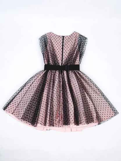 Excellent Monnalisa Pink Dress Size 12 Polka Dots Tulle Overlay