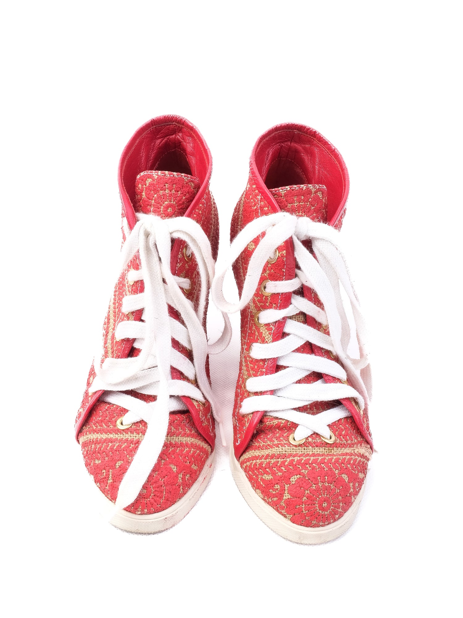 Excellent Judari Red Textile Wedge Heel Shoes Size 35 with White Laces