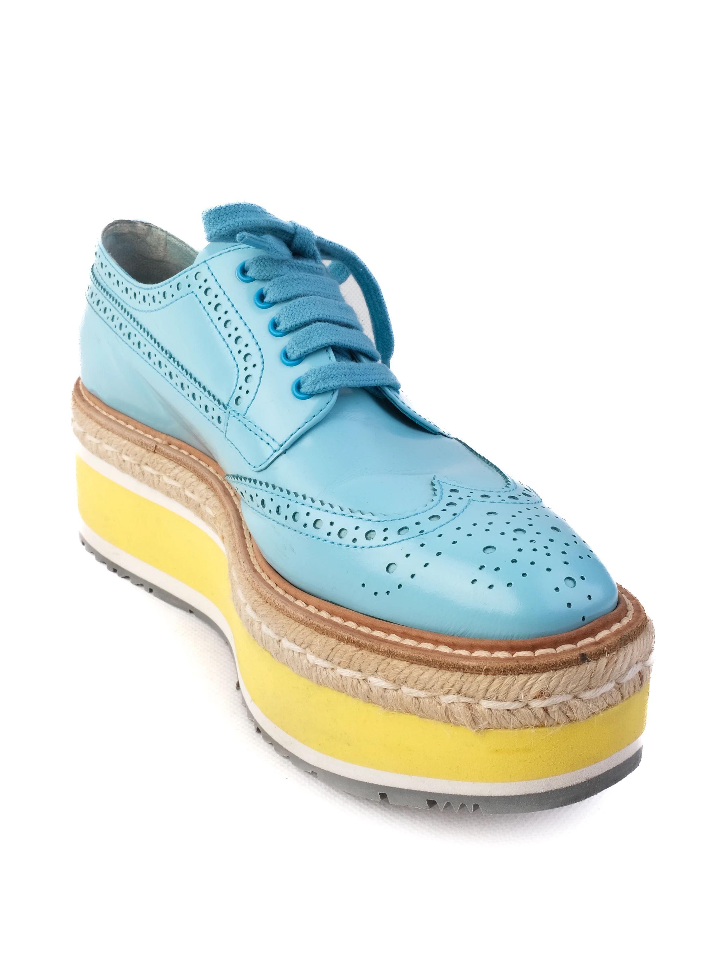 Excellent Prada Blue Leather Brogue Platform Shoes Size 37