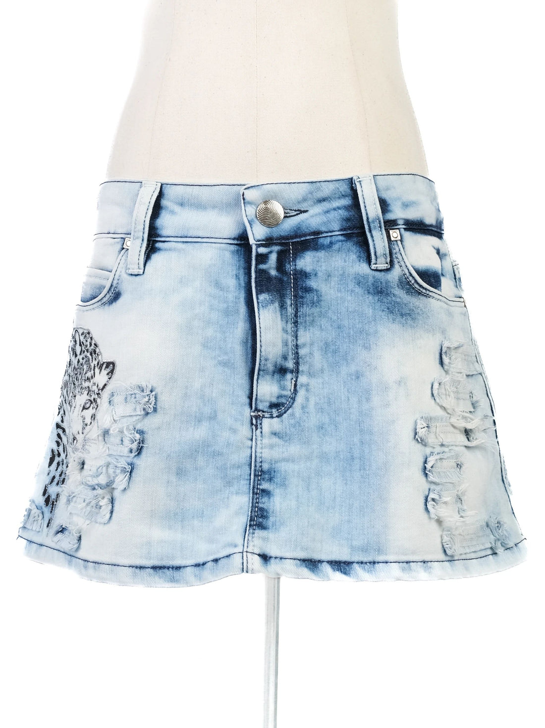 Excellent Roberto Cavalli Blue Denim Mini Skirt with Leopard Print