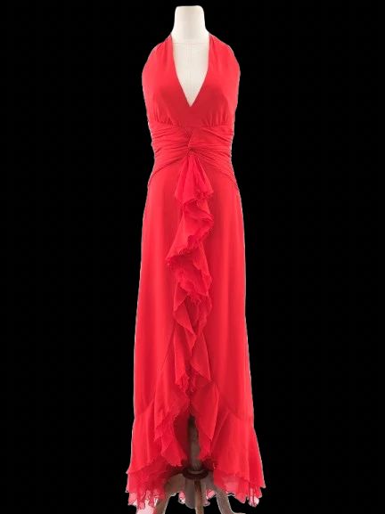 Excellent Luisa Spagnoli Red Silk Evening Gown Size L Halter Neck