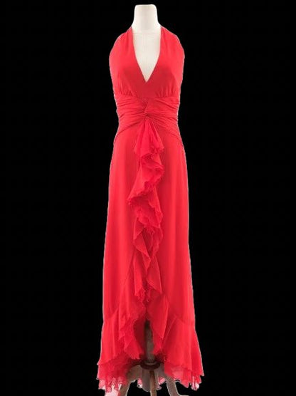Excellent Luisa Spagnoli Red Silk Evening Gown Size L Halter Neck