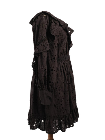 Excellent Uterque Black Cotton Dress M with Ruffle &amp; Embroidery Details