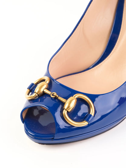 Excellent Gucci Blue Leather High-Heeled Peep-Toe Shoes Size 38