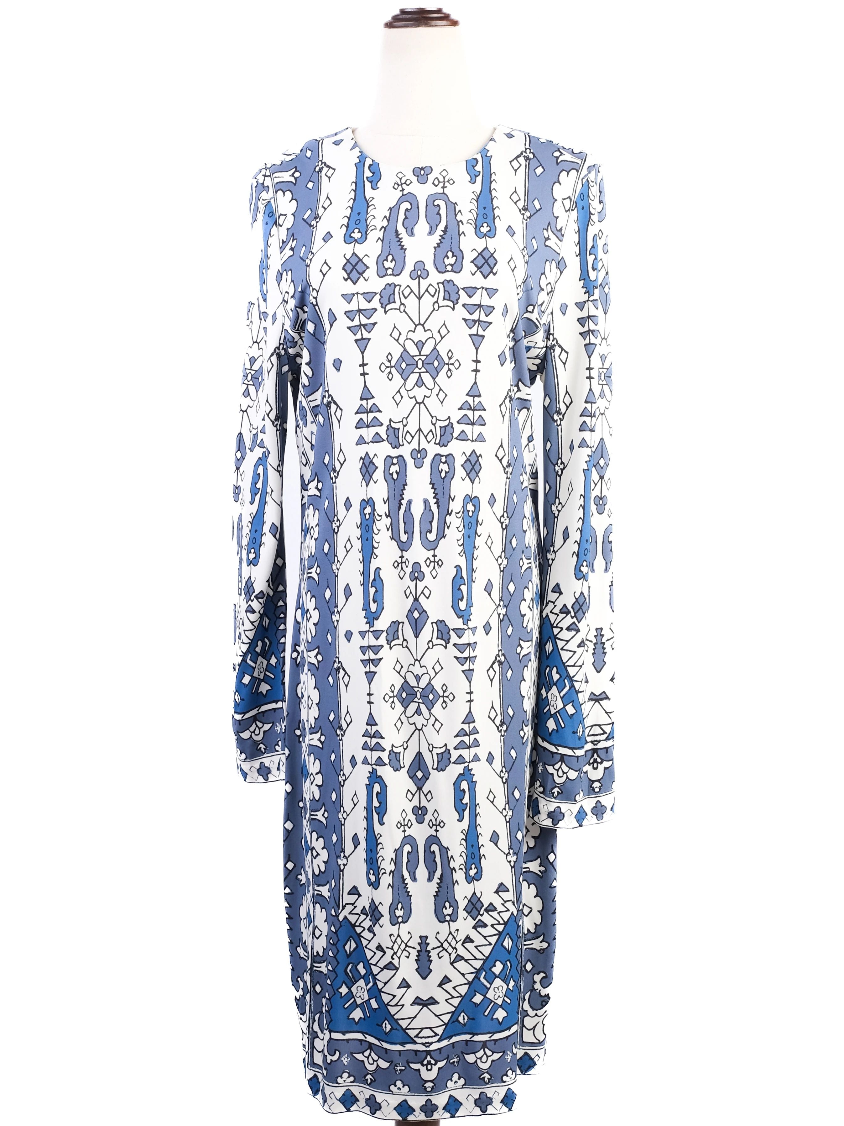 Excellent Tory Burch Blue &amp; White Geometric Dress Size L