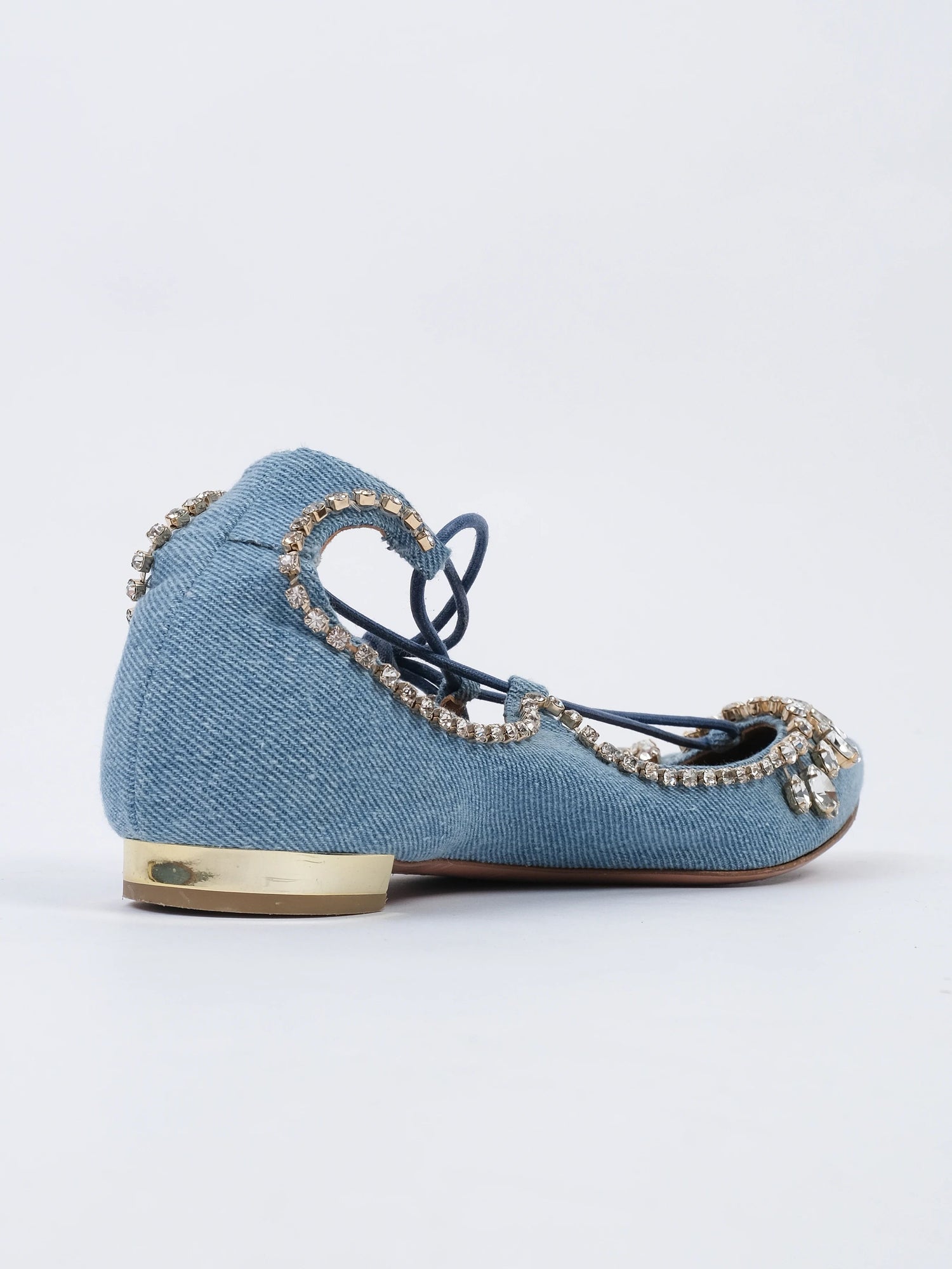 Excellent Aquazzura Blue Lace-Up Denim Ballet Flats with Rhinestones