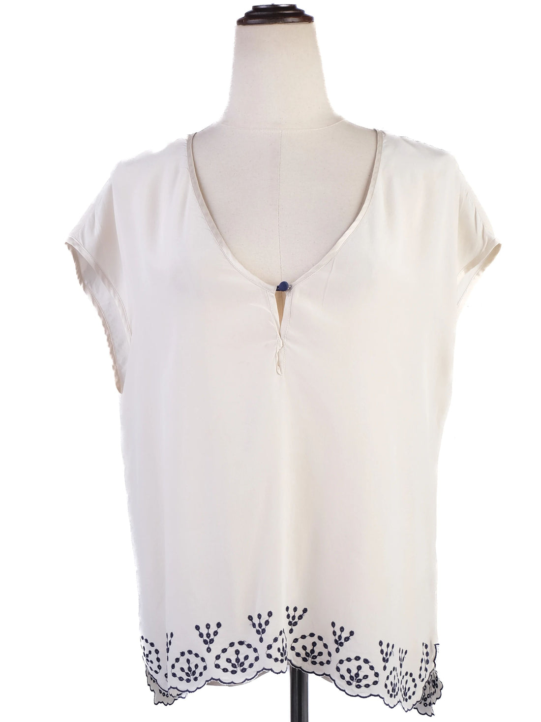 Zadig&amp;Voltaire White Silk Blouse with Navy Embroidery Size M