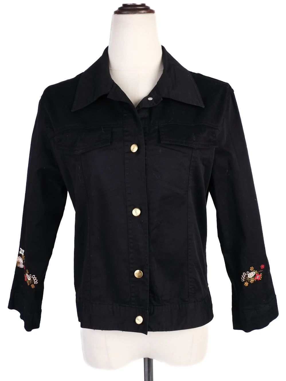 Excellent Dolce Gabbana Black Denim Jacket with Floral Embroidery