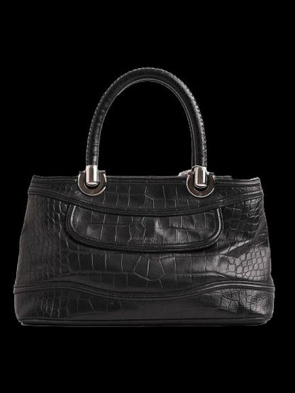 Excellent Giorgio Armani Black Leather Handbag with Crocodile Pattern