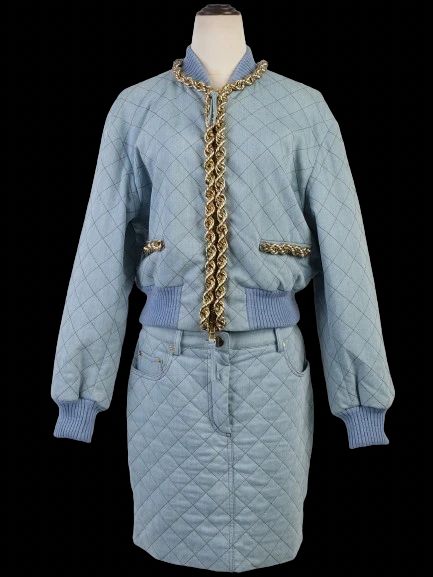 Excellent Moschino Blue Quilted Denim Jacket &amp; Skirt Set