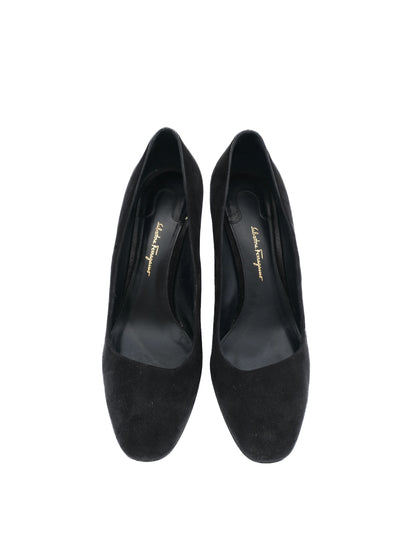 Excellent Salvatore Ferragamo Black Suede Block-Heeled Pumps Size 40