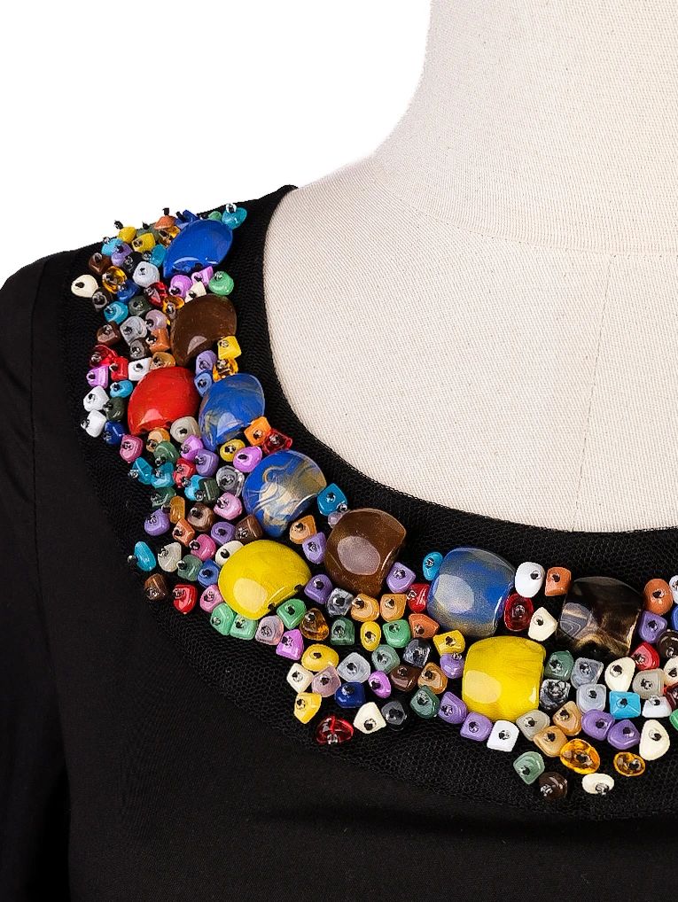 Excellent DKNY Black Cotton Dress XS with Colorful Embellished Neckline