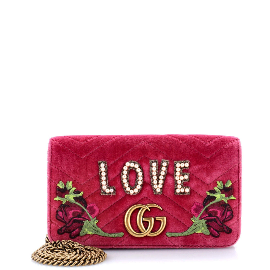 Gucci GG Marmont Chain Flap Bag Embroidered Matelasse Velvet Mini