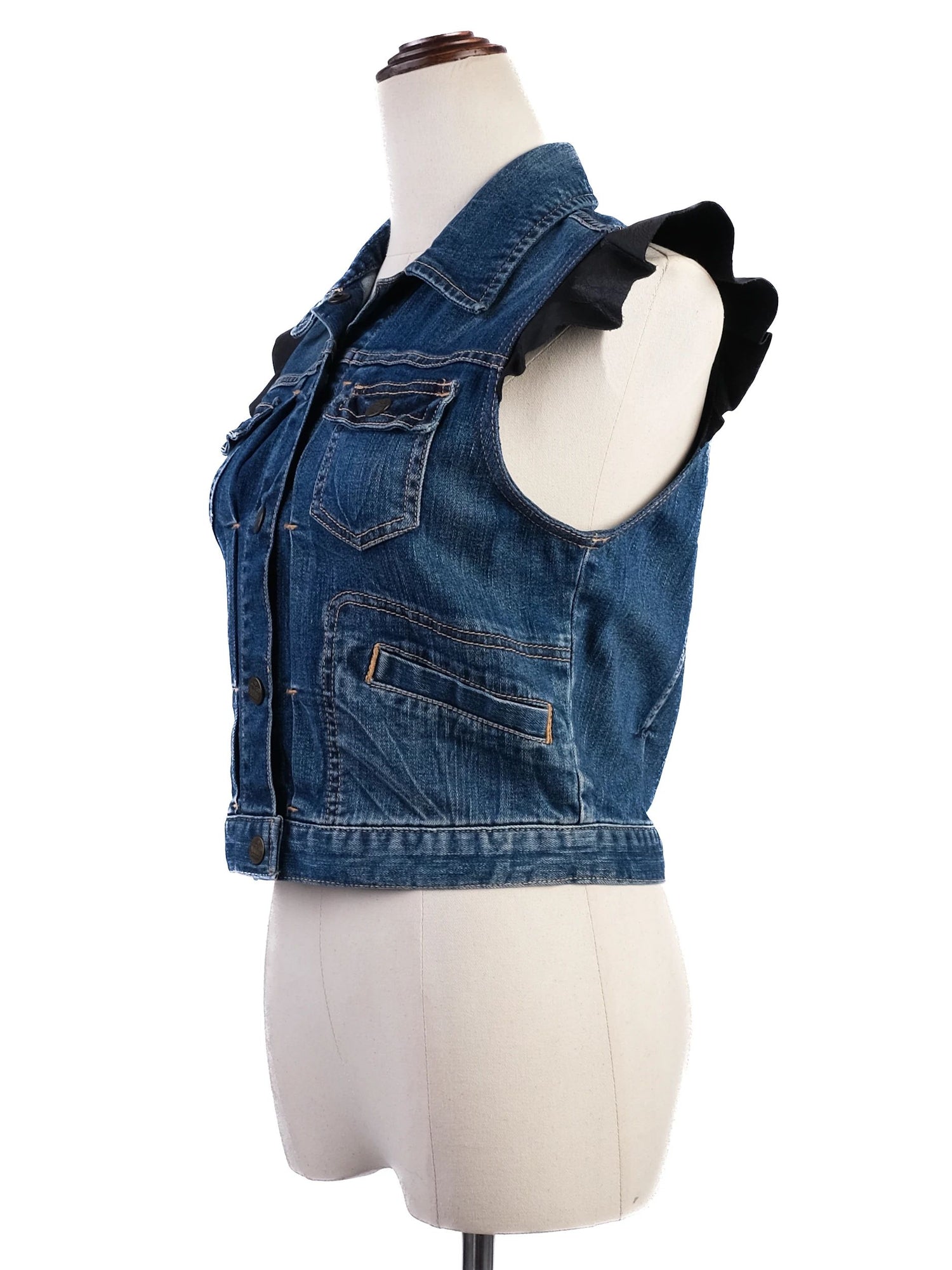 Excellent Juicy Couture Blue Denim Vest Size S with Ruffled Details