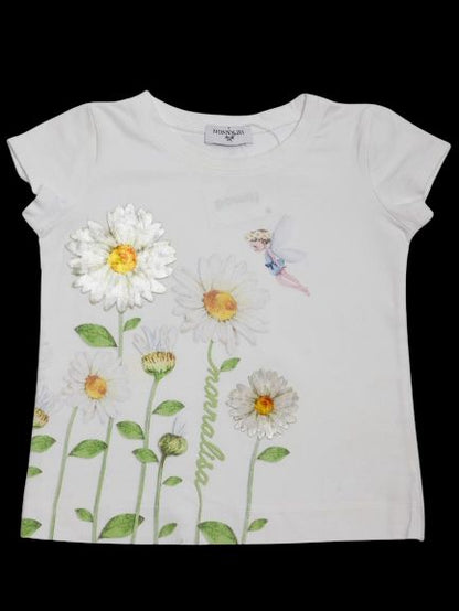 Good Monnalisa White Cotton T-Shirt Size 4 Daisies Fairy Design