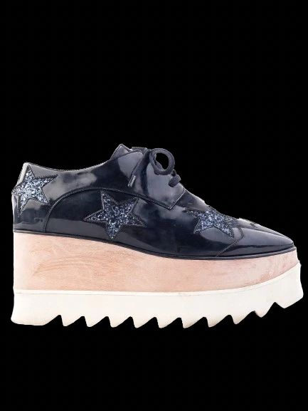 Stella McCartney Black Leather Platform Shoes Size 37 with Glitter Stars