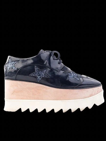 Stella McCartney Black Leather Platform Shoes Size 37 with Glitter Stars