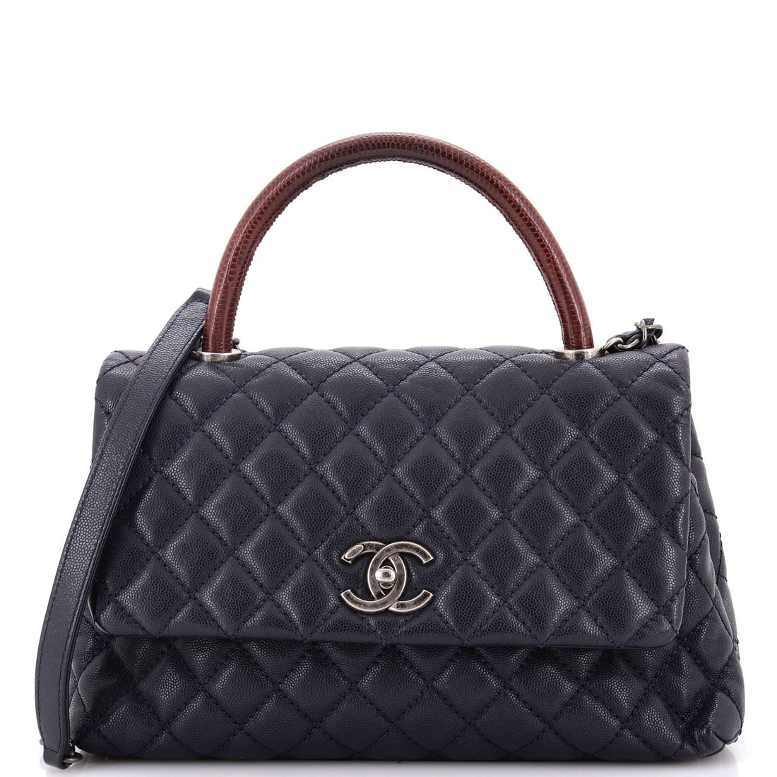 Chanel Coco Top Handle Bag Quilted Caviar With Lizard Small