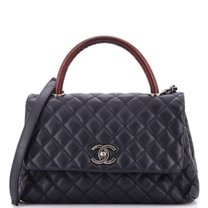 Chanel Coco Top Handle Bag Quilted Caviar With Lizard Small