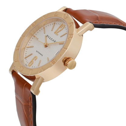 Bvlgari 33mm 18k Yellow Gold White Dial Leather Strap Automatic Watch BB33GL