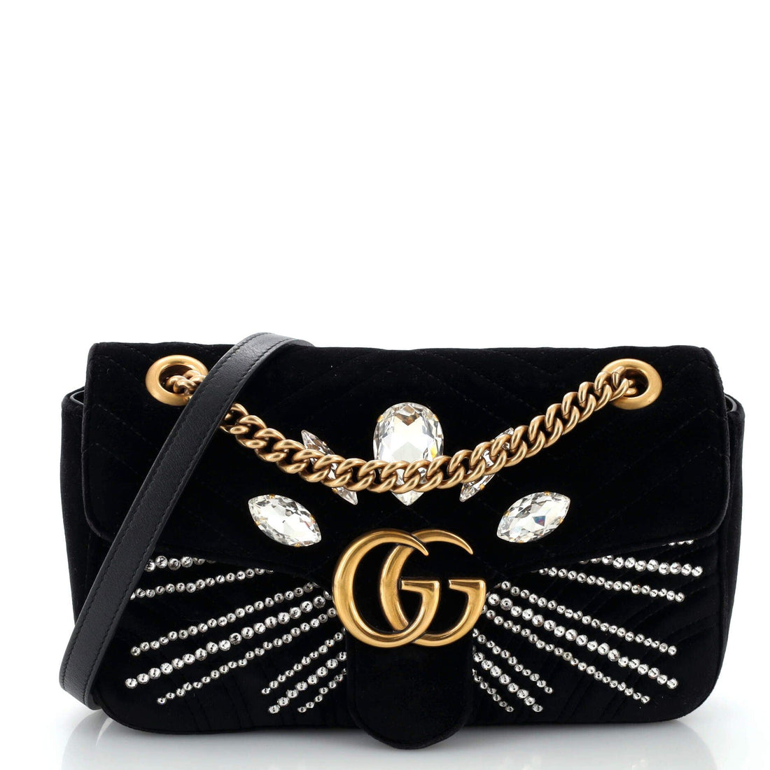 Gucci GG Marmont Flap Bag Crystal Embellished Matelasse Velvet Medium