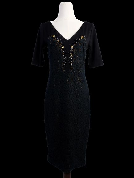 Excellent VDP Black Wool Dress Size L with Embellishments