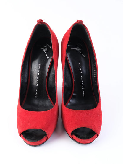 Excellent Giuseppe Zanotti Red Leather Peep-Toe Wedge Shoes Size 37.5