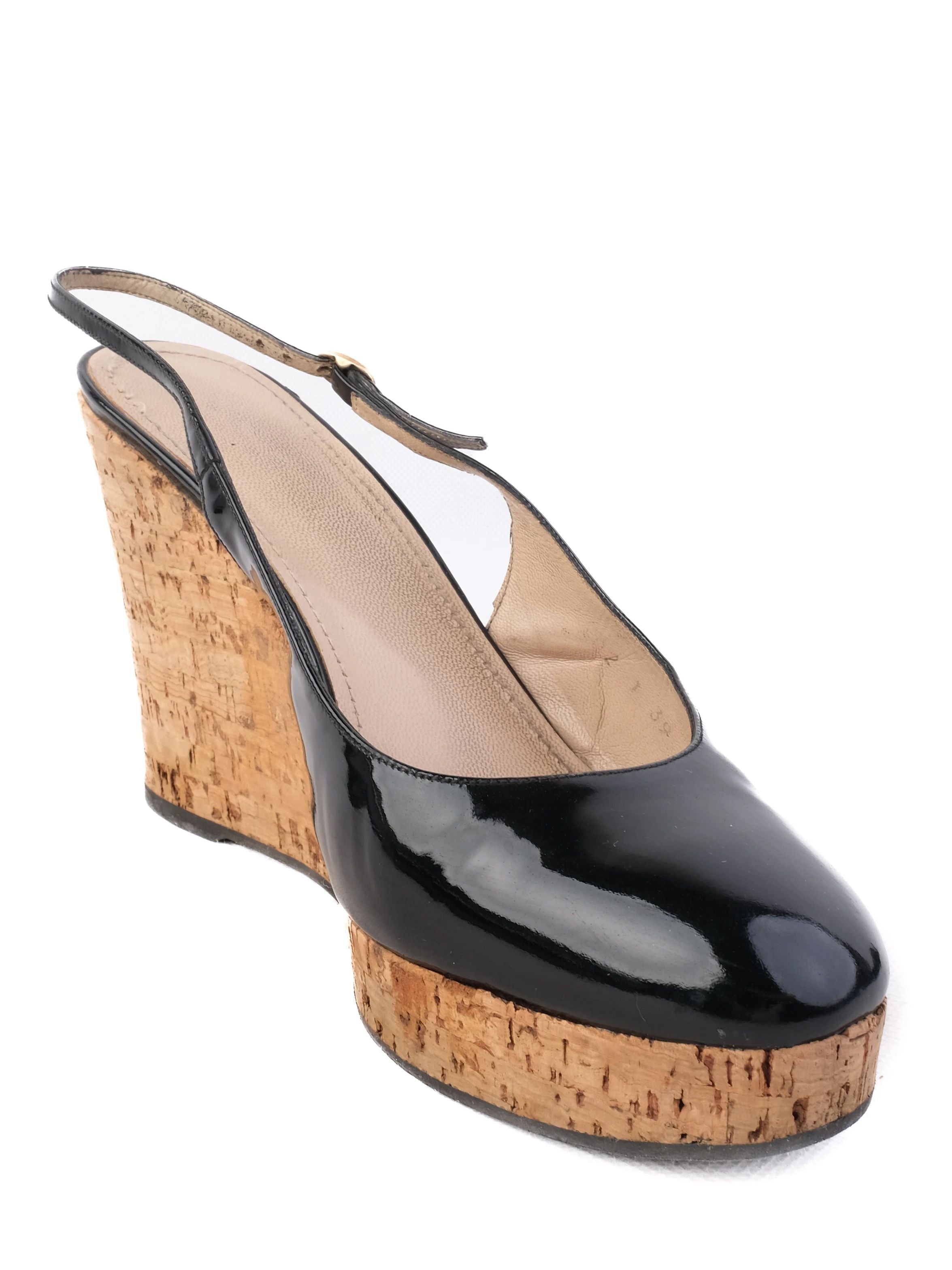 Excellent Yves Saint Laurent Black Lacquer Wedge Shoes Size 39