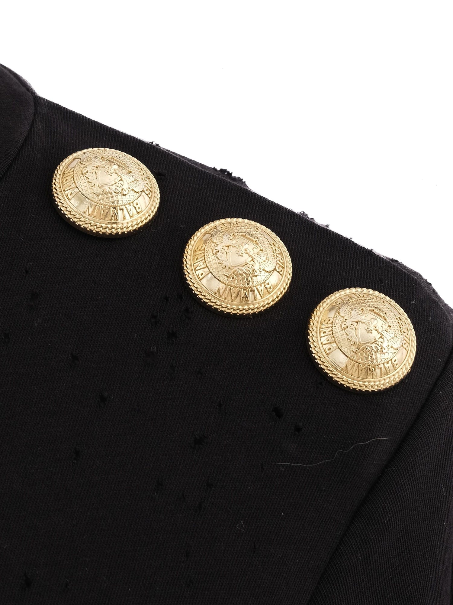 Excellent Balmain Black T-Shirt XS with Gold Print &amp; Buttons